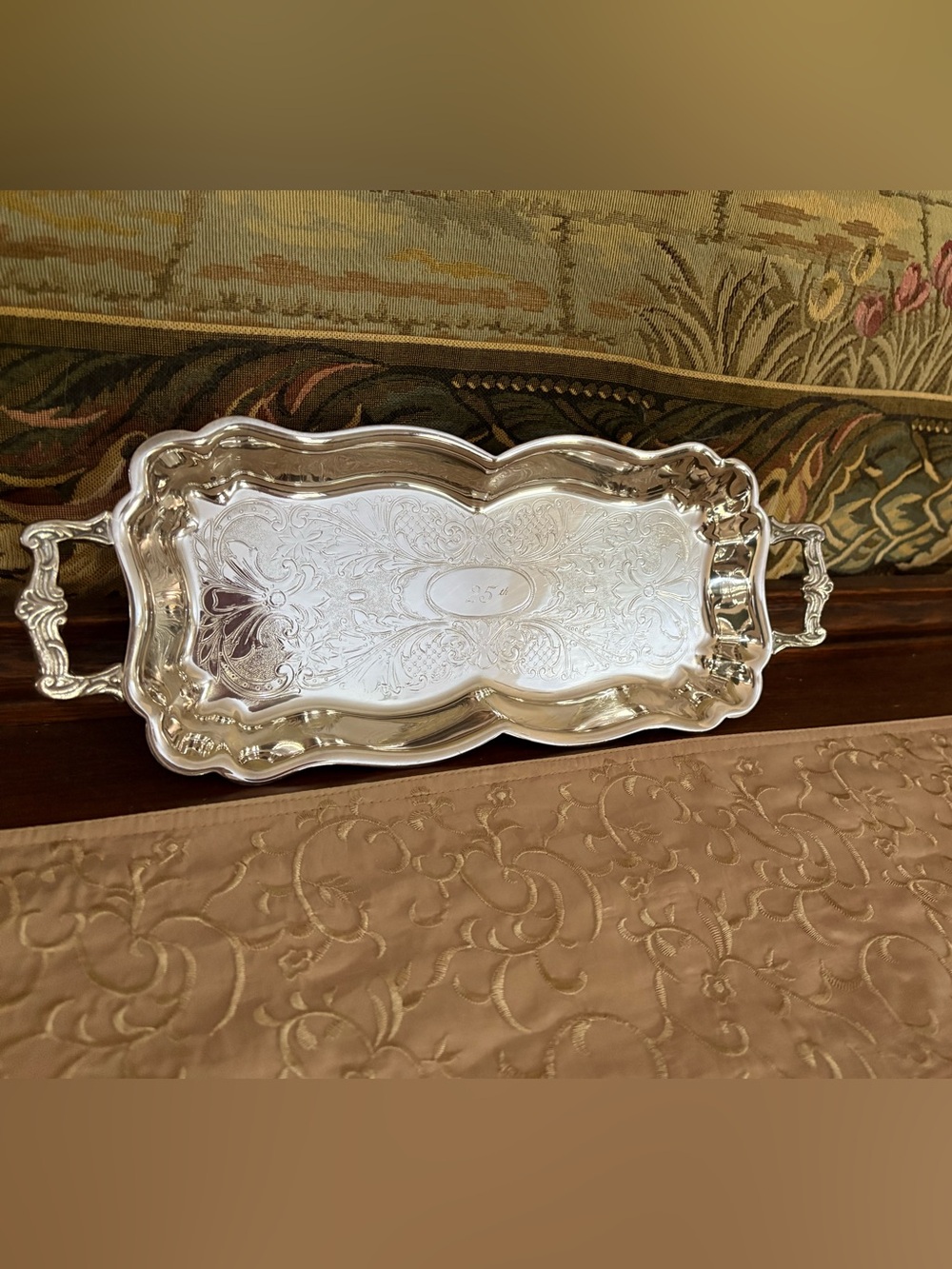 25th Engraved Silver-Plated Serving Tray with Handles and legs